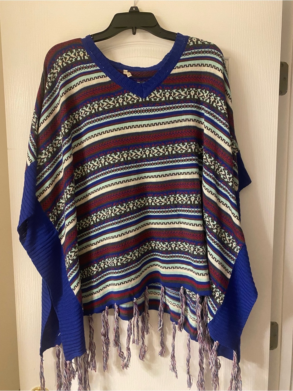 Striped Fringe V-Neck Poncho Sweater in Blue